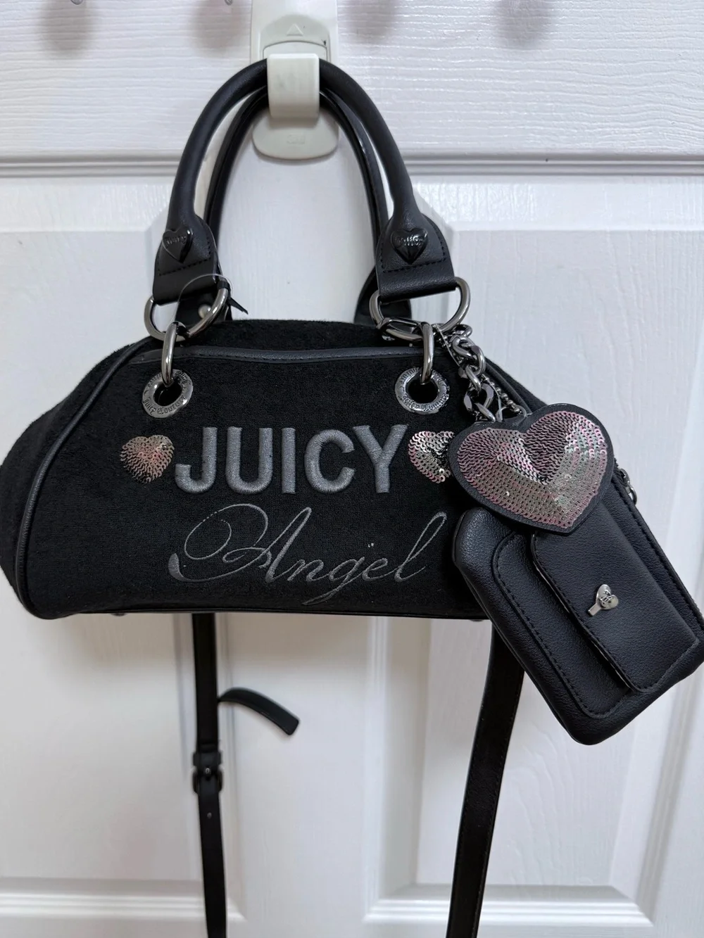 NWT Juicy Couture Juicy Angel Satchel in Liquorice w Heart Charm & Coin Purse